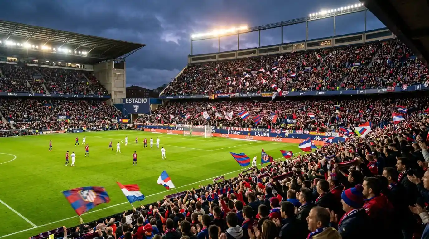 Vol La Liga-stadion met publiek en sfeervolle lichtshow tijdens een avondwedstrijd